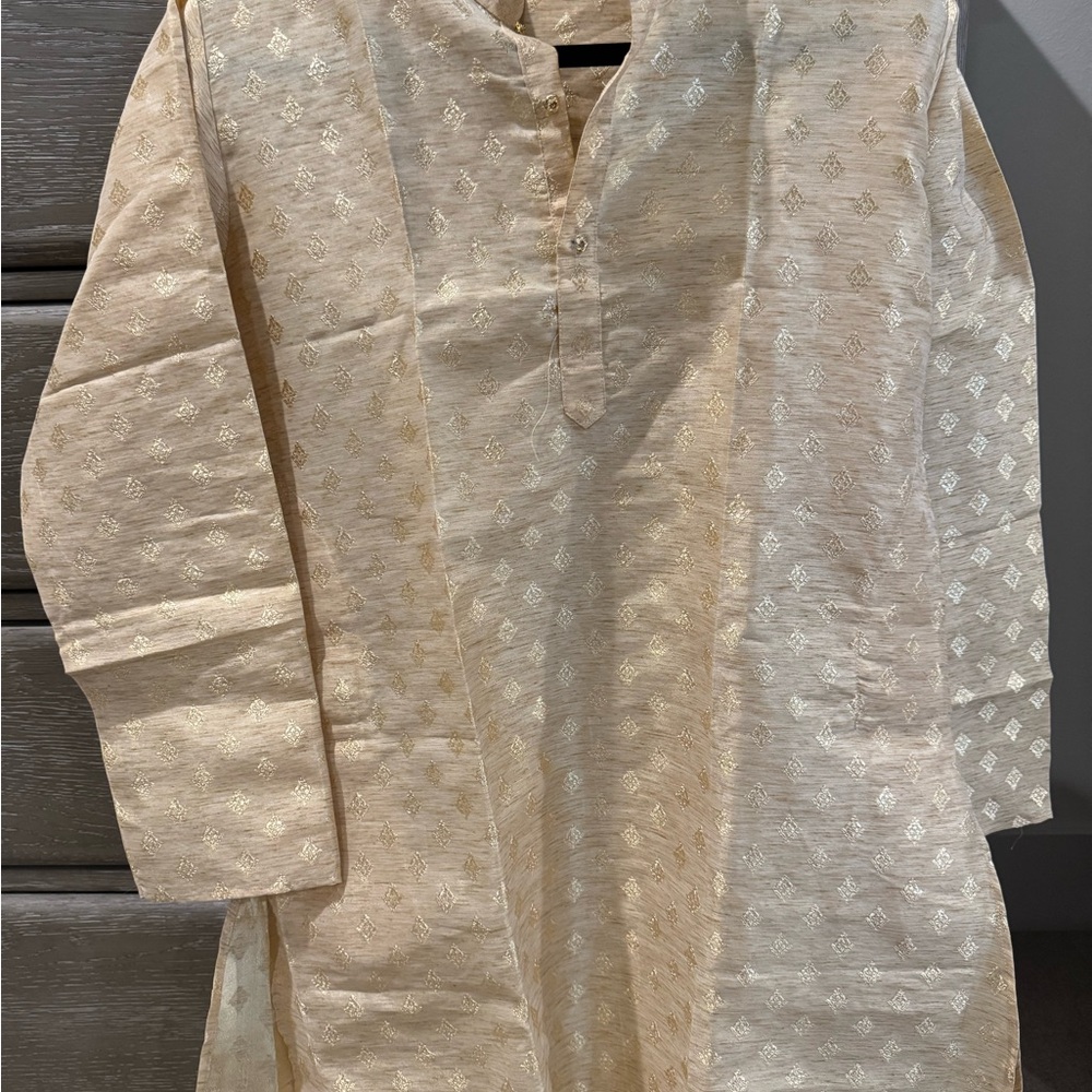 Beige Kurta with Gold Embroidery - Picture 3 of 3